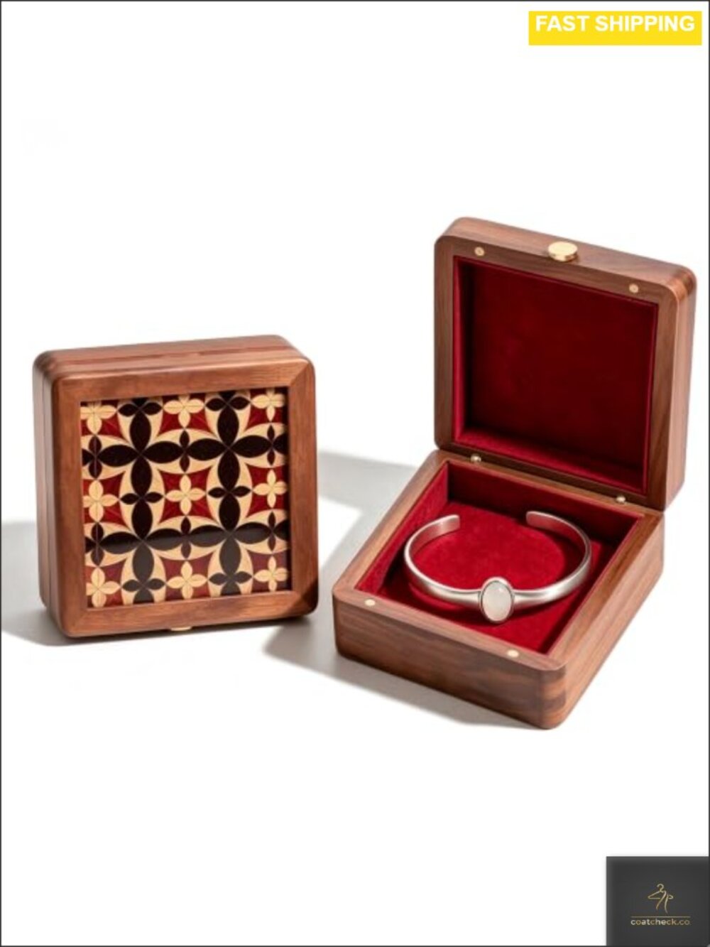 Solid Walnut Wood Jewelry Box with Decorative Glass Lid for Women